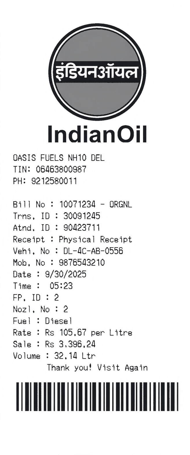 Indian Oil Receipt Generator - Free Indian Oil Receipt Maker
