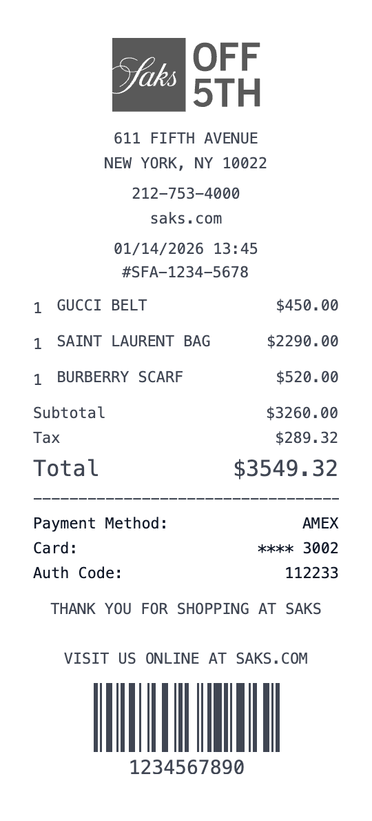 Saks Fifth Avenue Receipt Generator | Free Online Maker